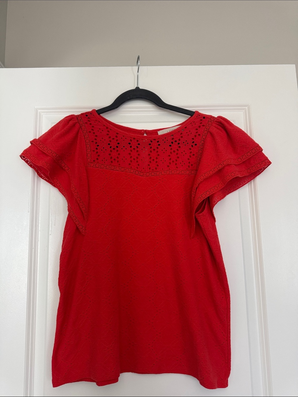 LOFT Red Eyelet Flutter Sleeve Top